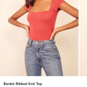 Reformation Bardot Knit Top in red ribbed